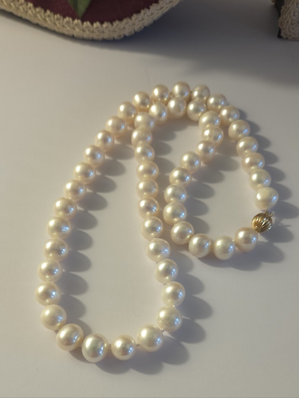 Vintage 14K Gold Genuine 10mm White Pearl Necklace 20" FIC 585 Fiery Ideal Cut